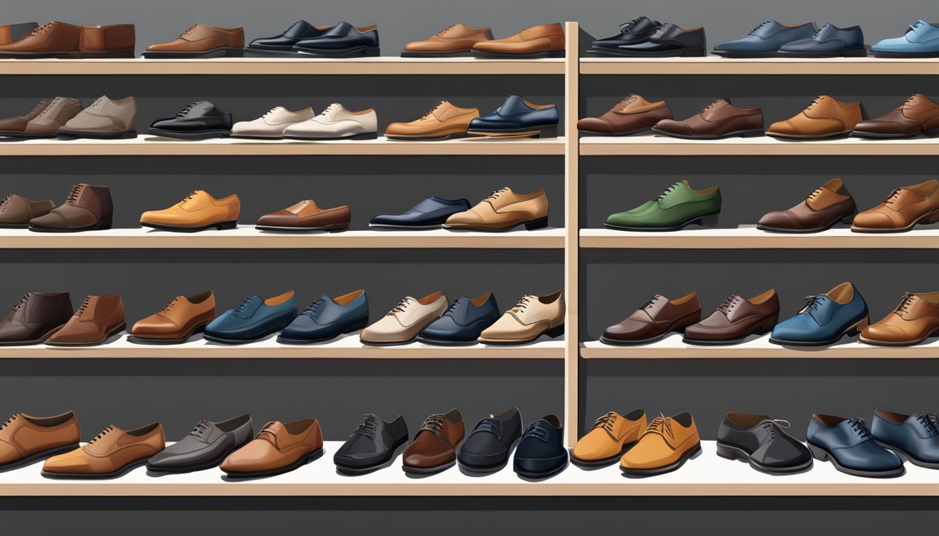 Various business shoe styles arranged neatly on a display shelf, including oxfords, loafers, and brogues from popular brands