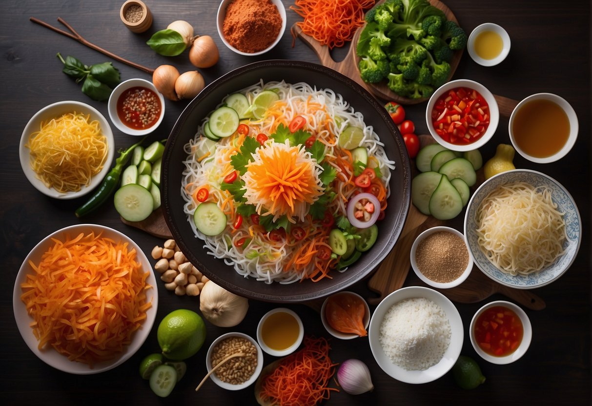 A table set with colorful ingredients for making Chinese Yu Sheng, including fish, vegetables, and sauces, ready to be mixed together in a vibrant and festive display
