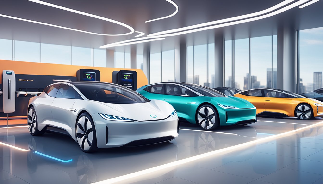 Multiple electric car brands lined up in a futuristic showroom with sleek designs and vibrant colors. Charging stations and innovative technology are showcased in the background