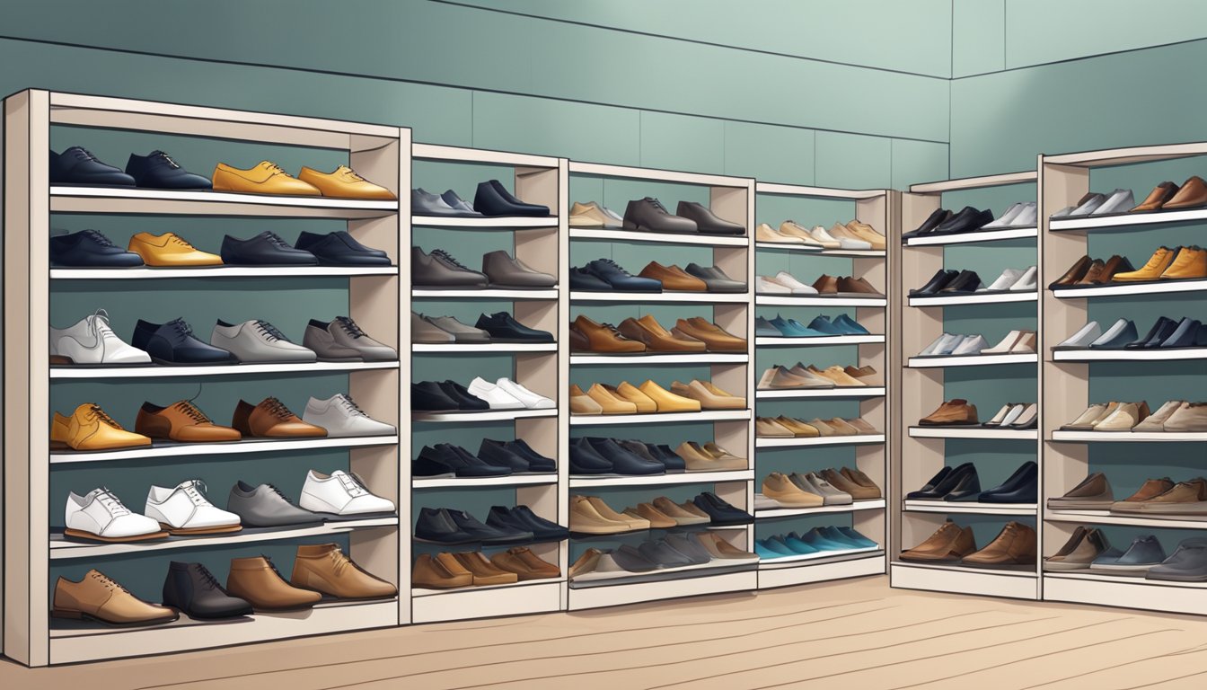A display of top business shoe brands arranged neatly on shelves in a modern and stylish shoe store
