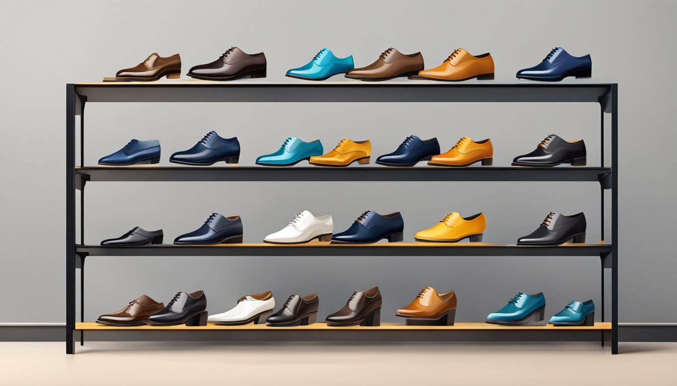 A collection of stylish business shoes arranged neatly on a sleek display stand