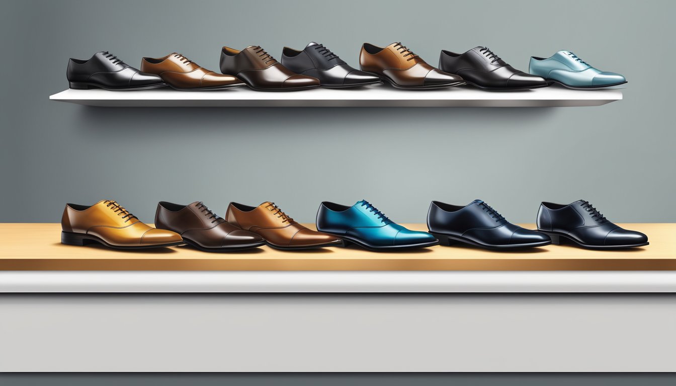 A row of polished business shoes displayed on a sleek, modern shelf with a clean, professional backdrop