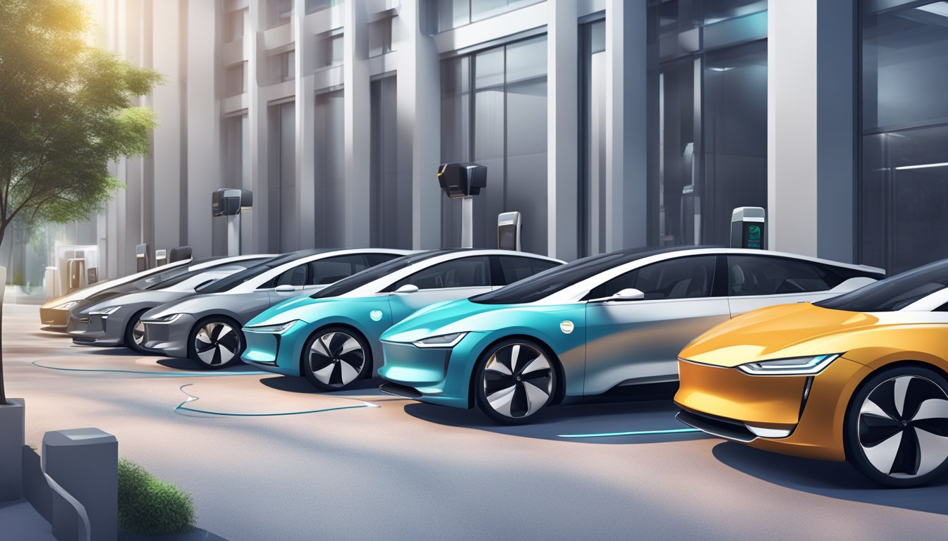 A row of sleek electric cars parked in a futuristic charging station, with high-tech signage and clean energy symbols
