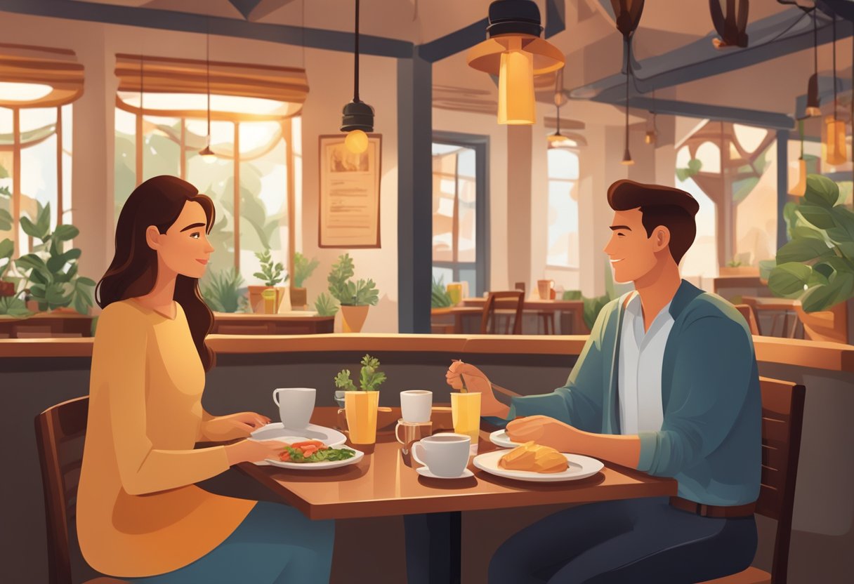 A couple sits at a table in a cozy, well-lit restaurant. The menu features a variety of low-carb options. The atmosphere is relaxed and inviting