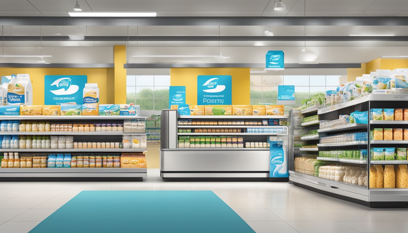 A display of Fonterra dairy products, with new innovative packaging and branding, stands out in a modern supermarket setting