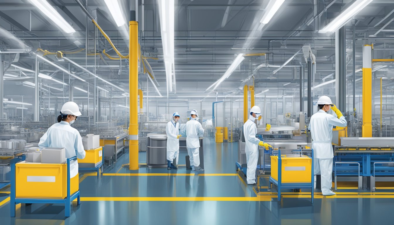 A factory floor with workers in protective gear, inspecting and testing products for quality and safety at Fonterra Brands Malaysia