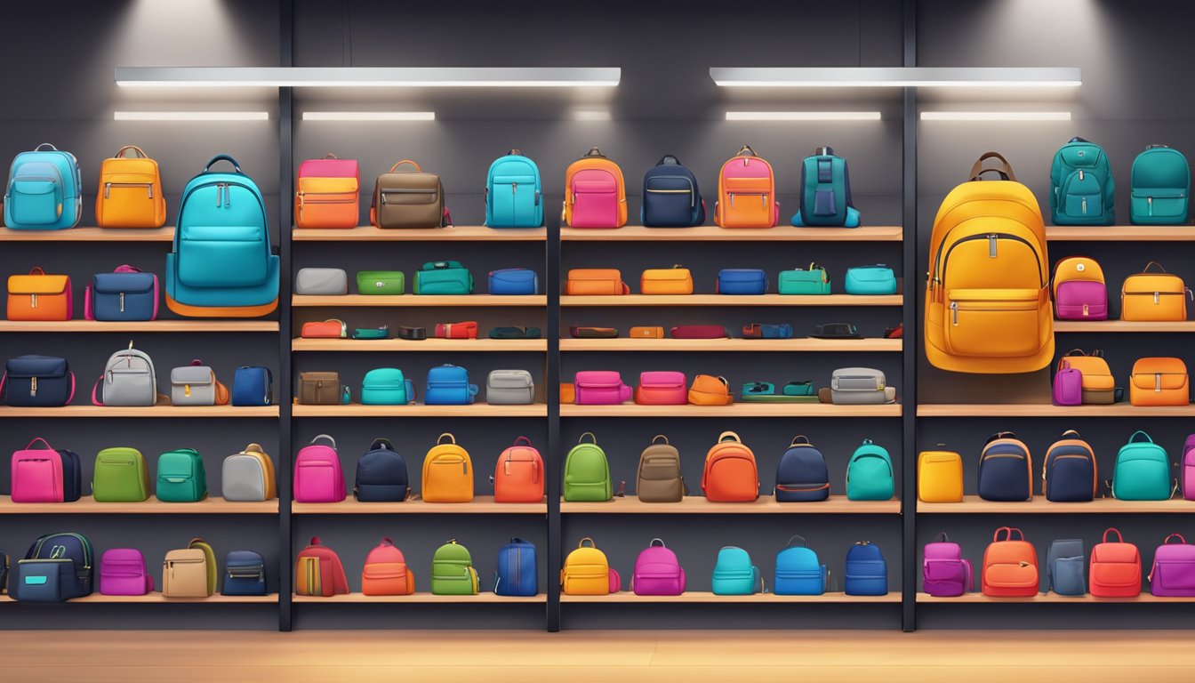 A display of famous backpack brands arranged on shelves in a trendy store. Bright lighting highlights the sleek designs and vibrant colors