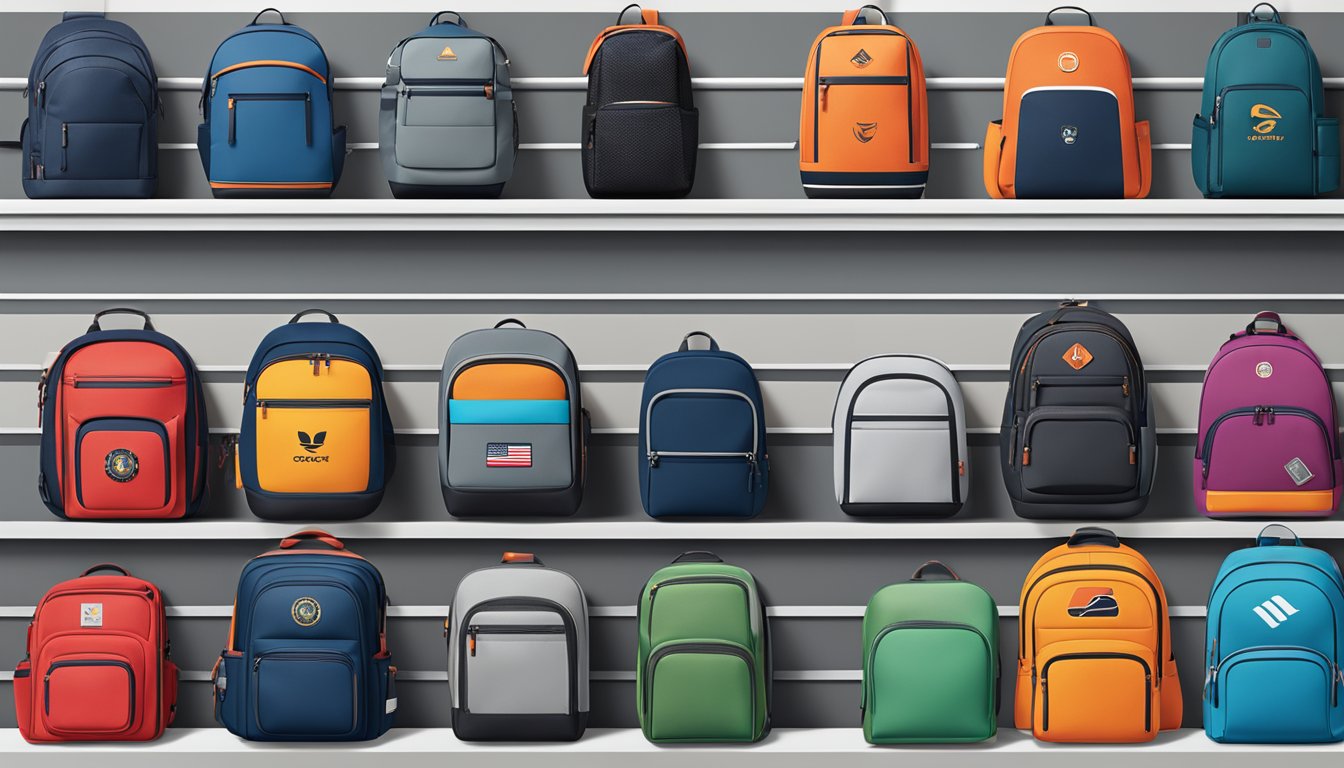 A display of iconic backpack brands, arranged in a neat row with their logos facing forward, showcasing a variety of styles and colors