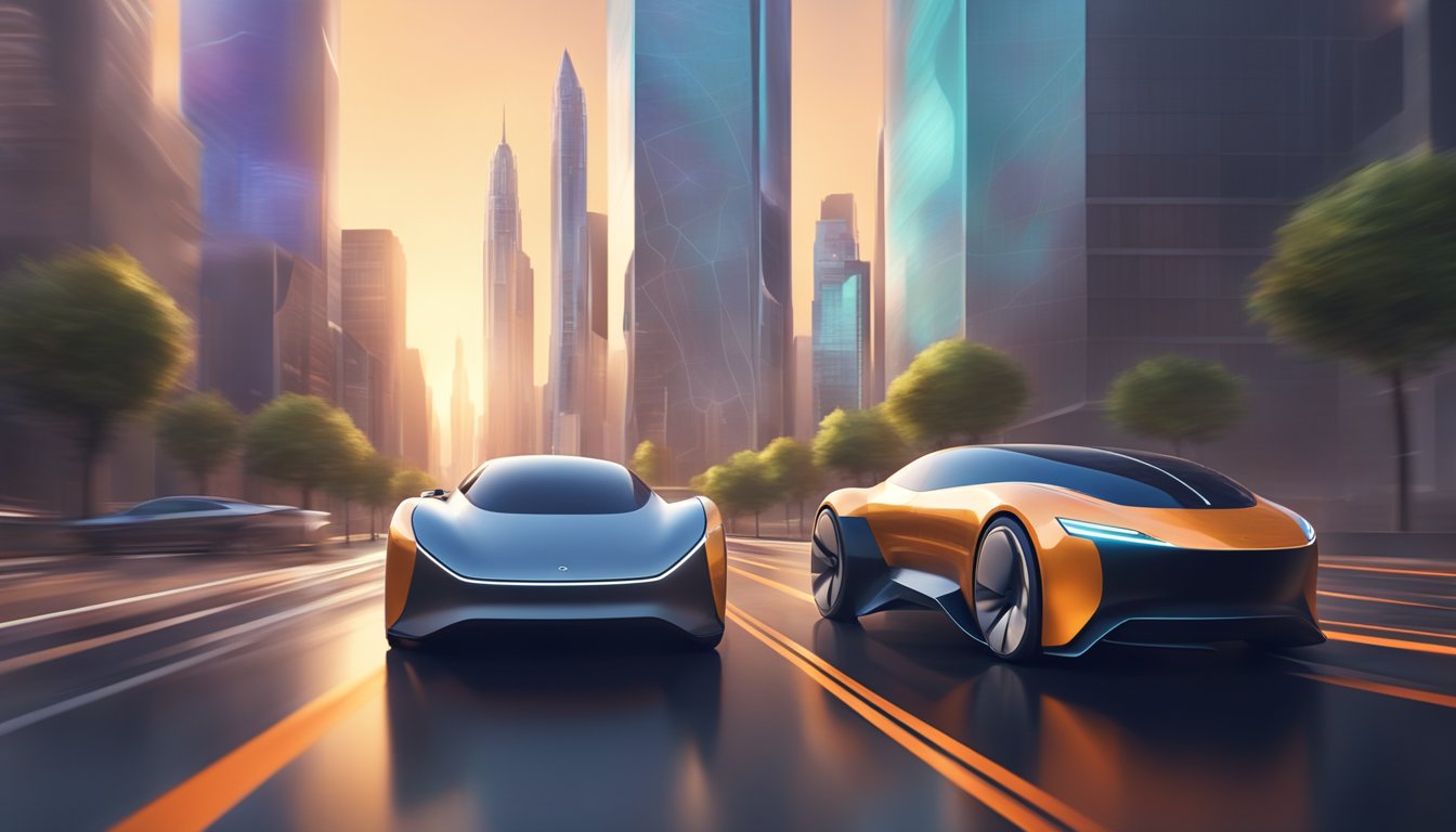 A sleek electric car zooms past a futuristic city skyline, with sleek, aerodynamic design and high-performance capabilities