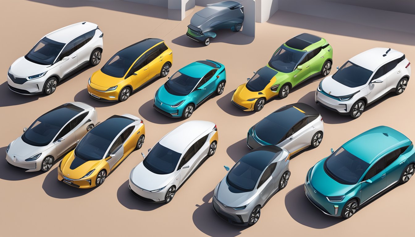 Various electric vehicle models on display, showcasing unique features and branding