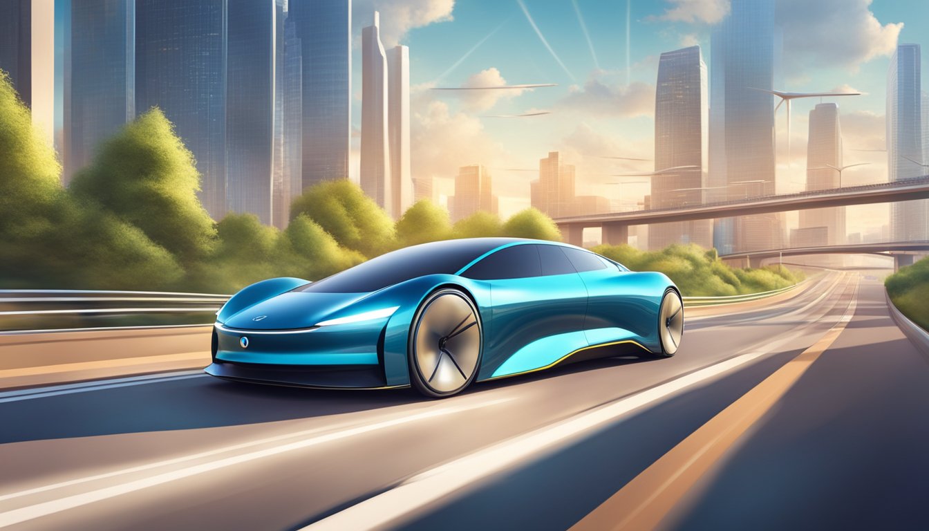 A sleek electric car speeds down a futuristic highway, surrounded by high-tech infrastructure and clean energy sources
