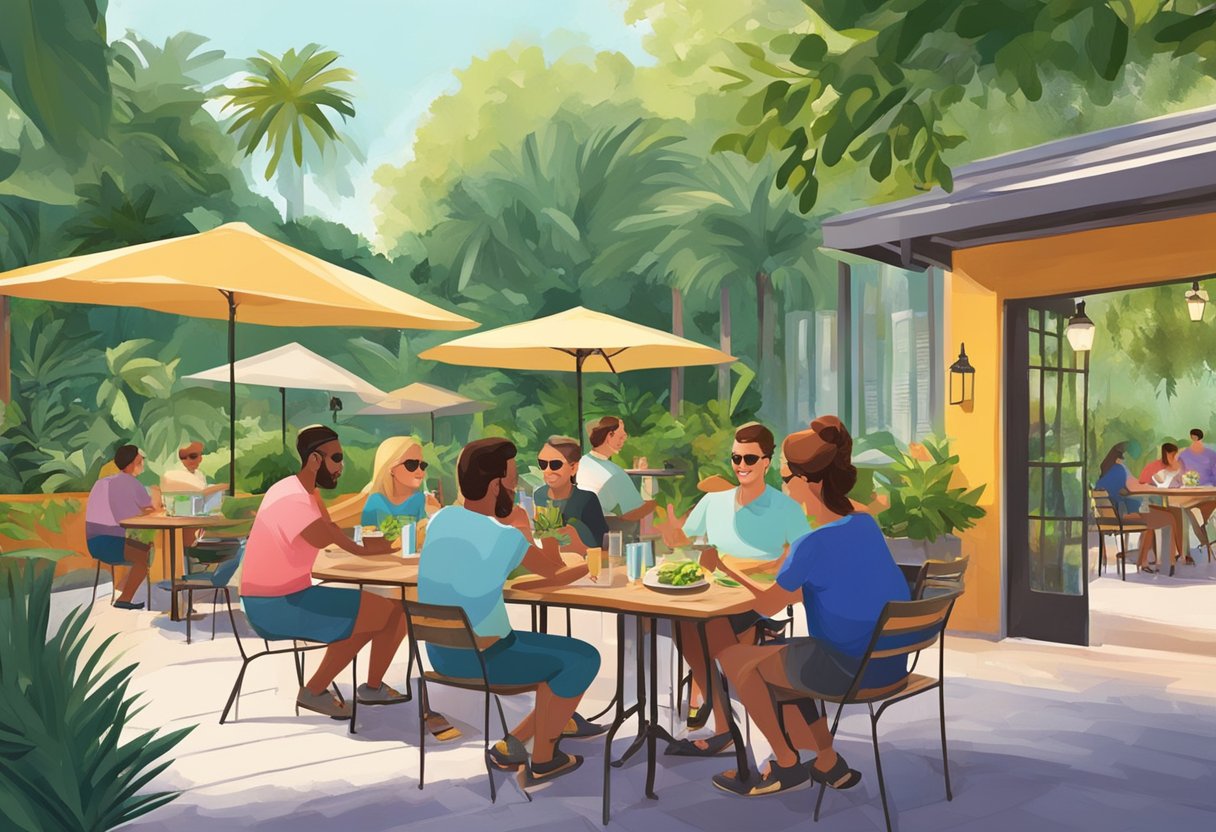 Customers enjoying low carb meals at outdoor tables in Orlando, with lush greenery in the background and a vibrant atmosphere