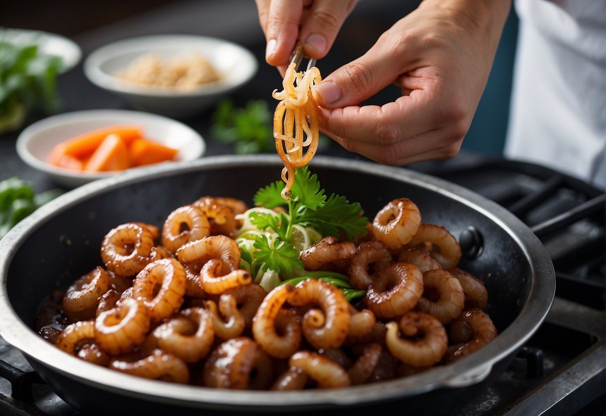 A chef prepares baby octopus with soy sauce and ginger in a wok
