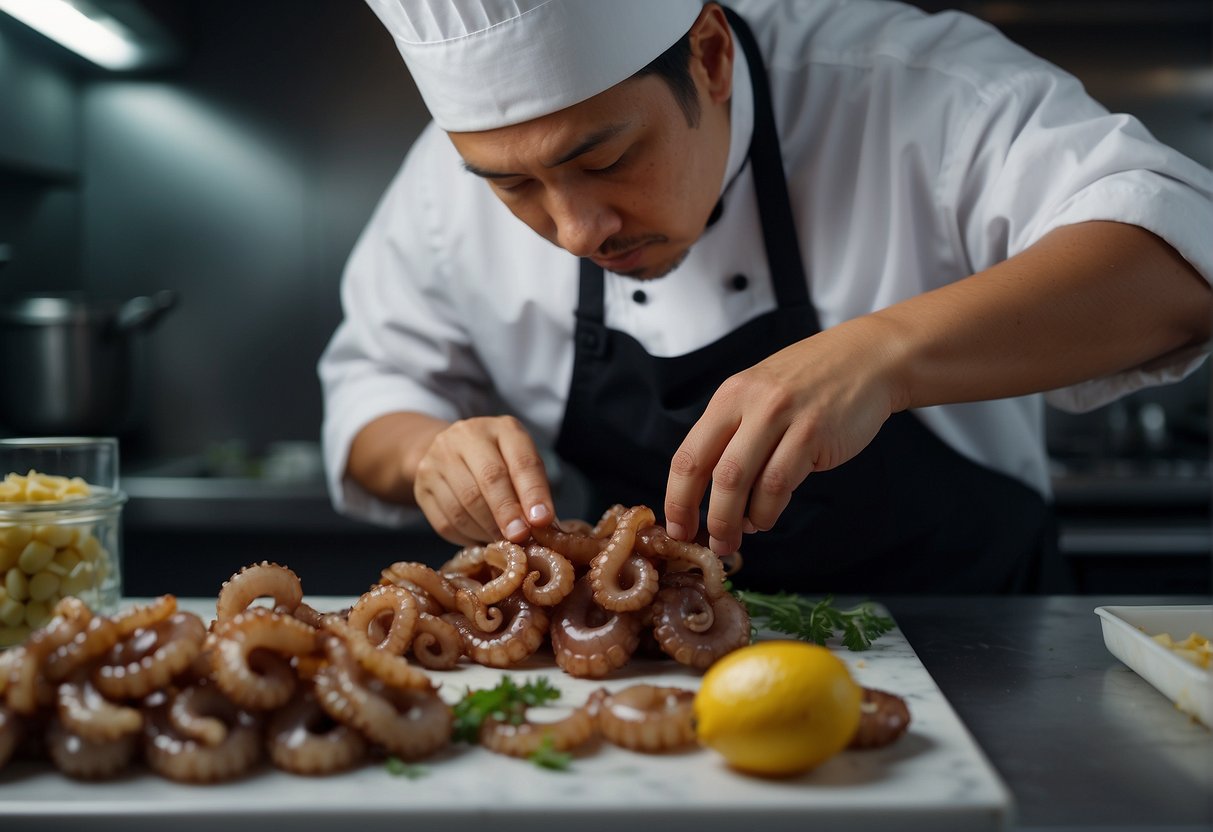 A chef cleans and cuts baby octopus, then marinates them in a Chinese recipe. Ingredients and utensils are laid out on a clean kitchen counter