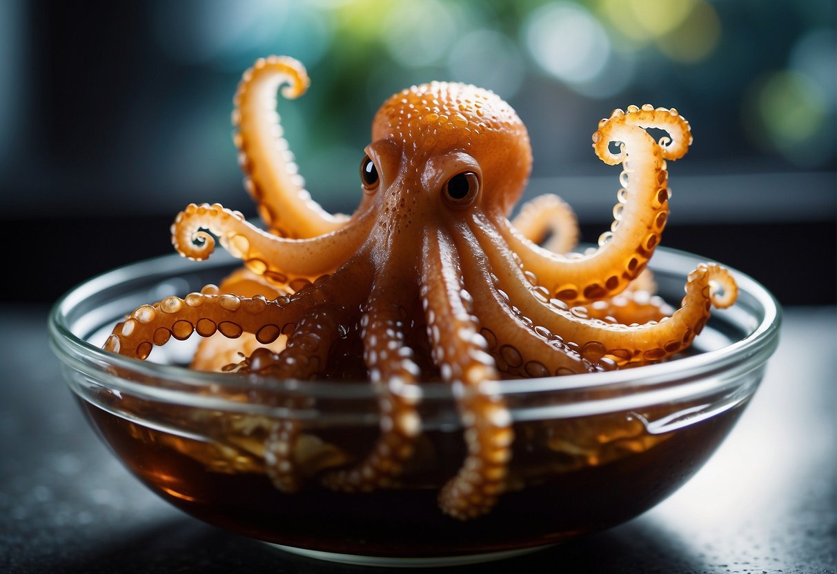 Baby octopus soaking in a mixture of soy sauce, ginger, garlic, and sesame oil in a glass bowl