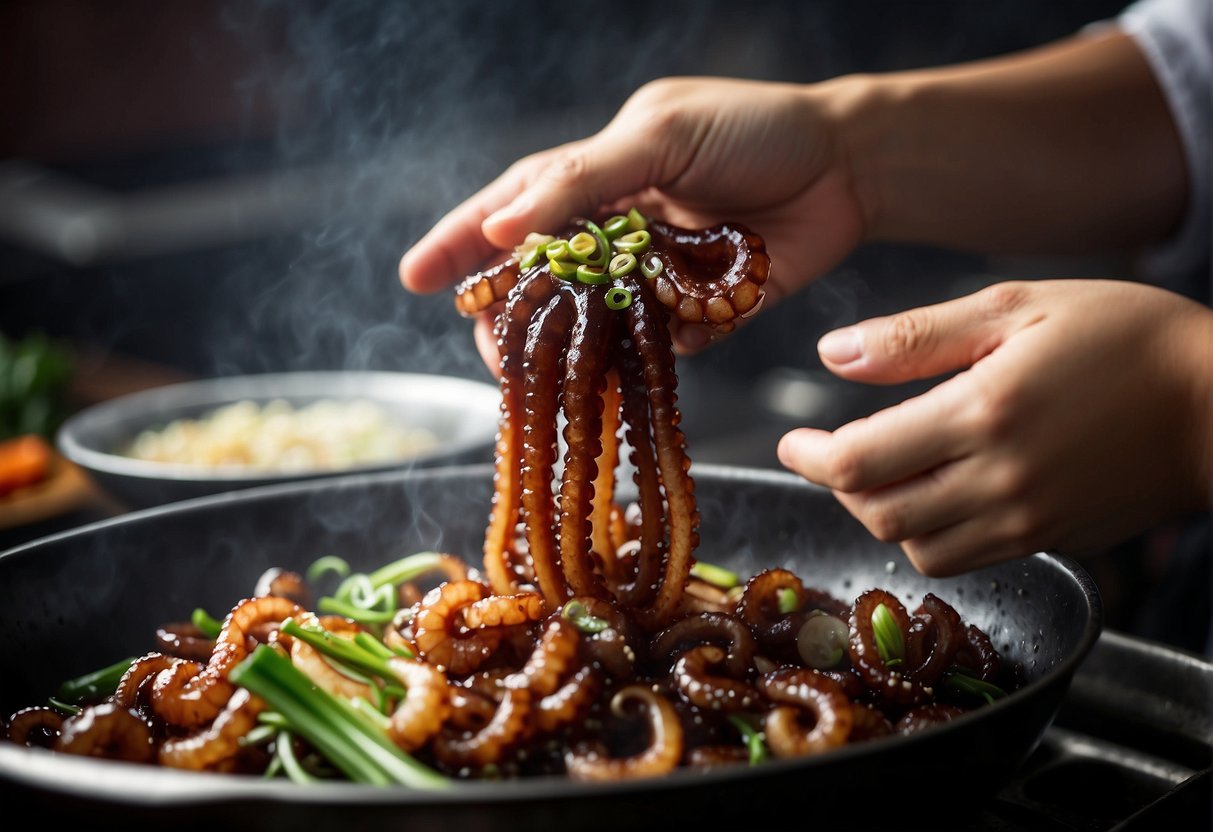 Chinese baby octopus being marinated in soy sauce, ginger, and garlic. Then stir-fried in a wok with sesame oil, green onions, and chili peppers