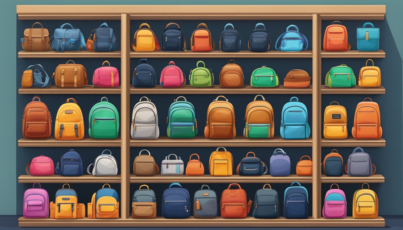 A display of various backpacks from famous brands arranged neatly on shelves in a well-lit store