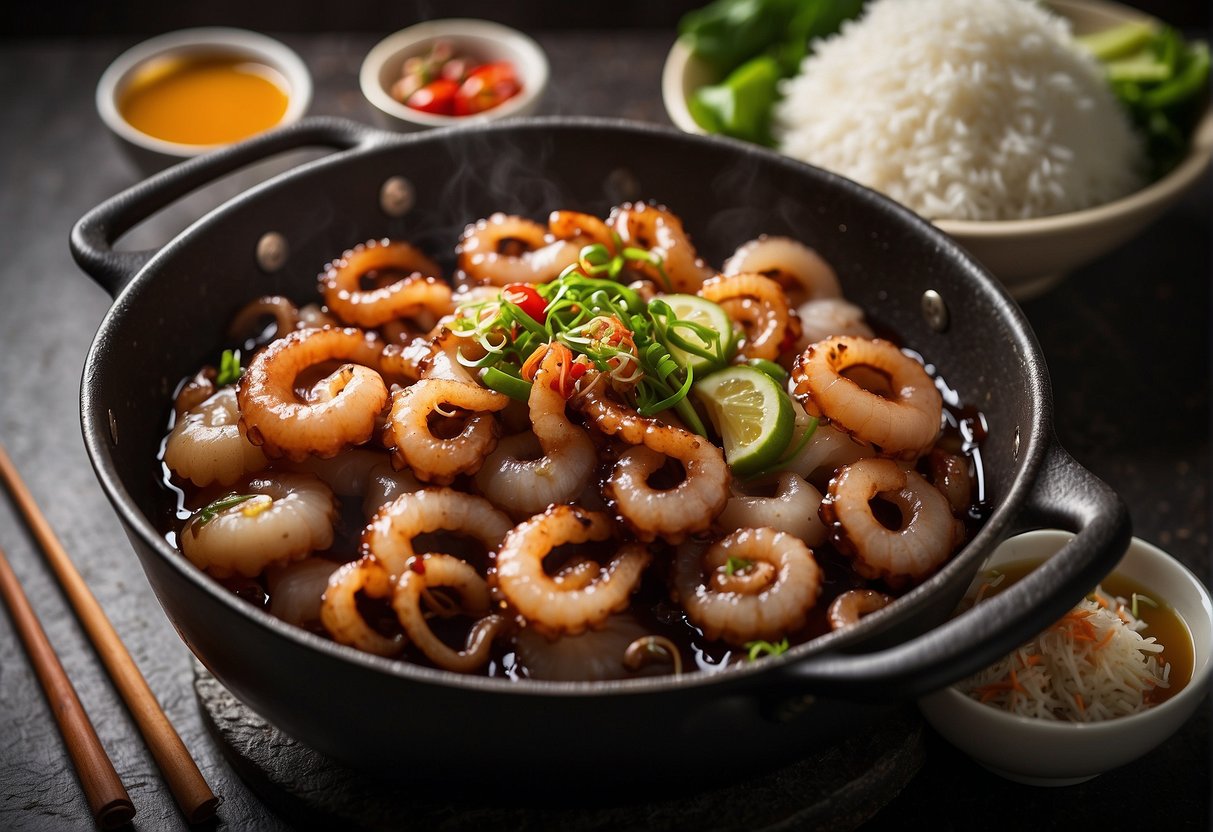 Chinese baby octopus sizzling in a wok with ginger, garlic, and soy sauce. Surrounding it are bowls of steamed rice, pickled vegetables, and chili oil