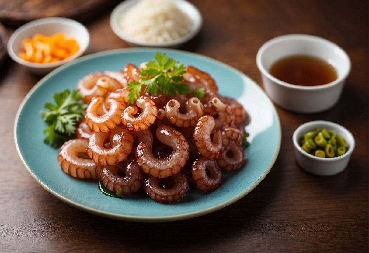 A plate of Chinese baby octopus with nutritional information displayed next to it