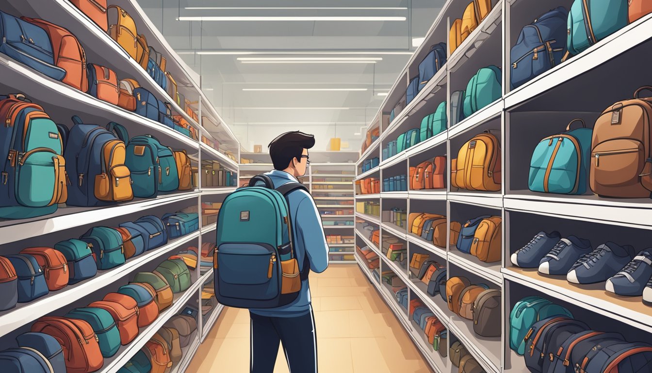 A person standing in a store, surrounded by shelves of high-quality backpacks from famous brands. The person is carefully examining the craftsmanship and design of the backpacks before making a decision