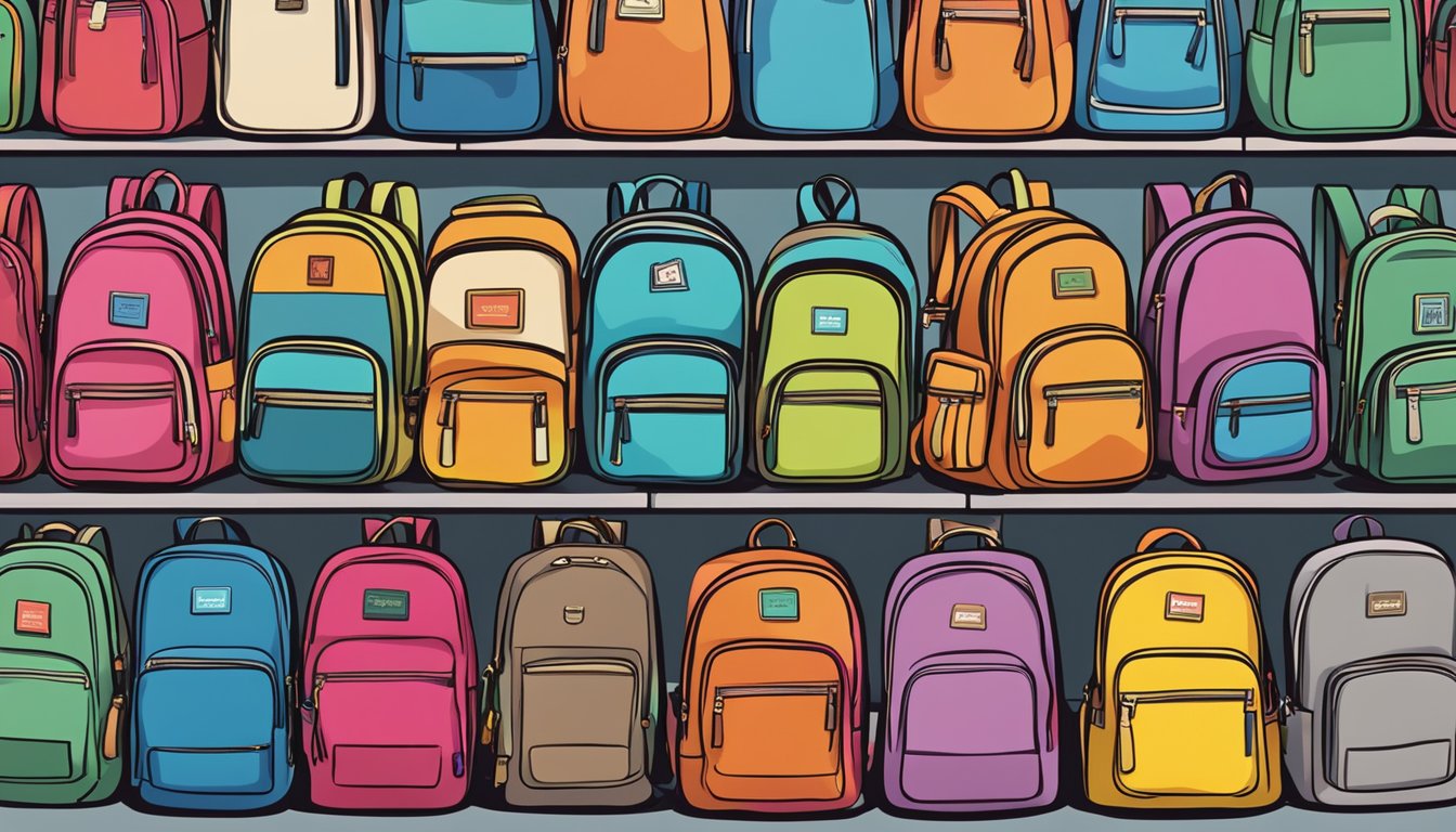 Colorful backpacks arranged in a display, with a sign reading "Frequently Asked Questions famous backpack brands" above them