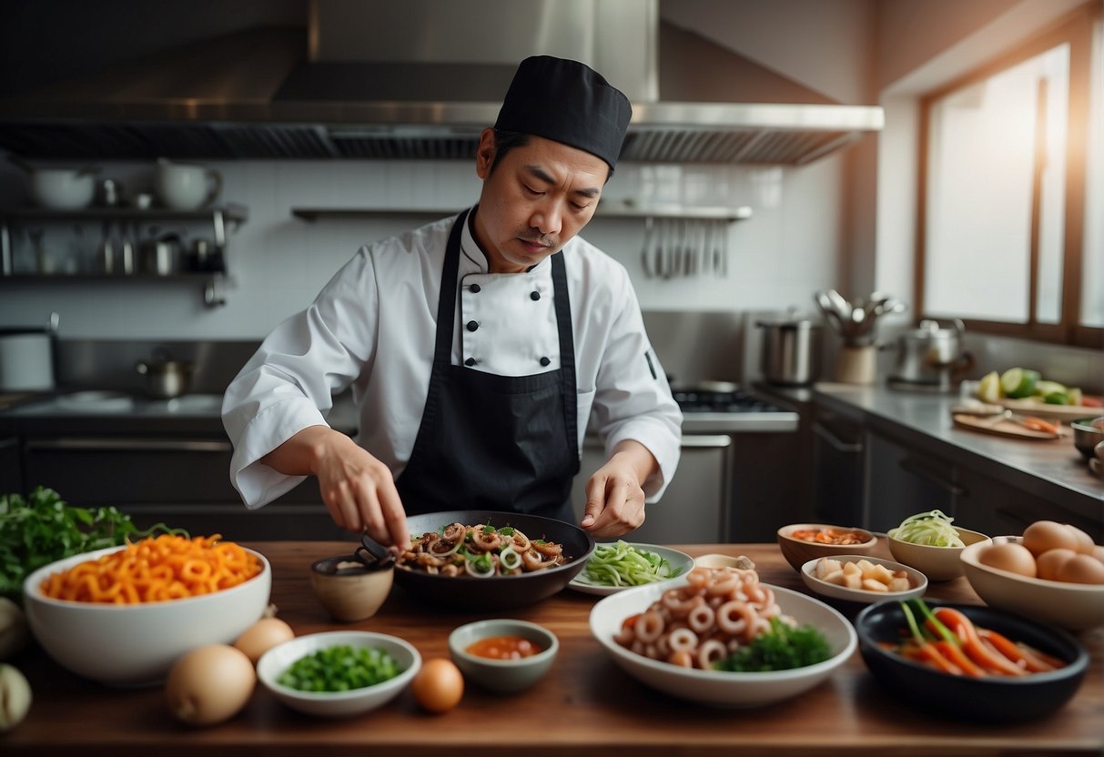 A chef preparing a traditional Chinese baby octopus dish with various ingredients and utensils laid out on a kitchen counter