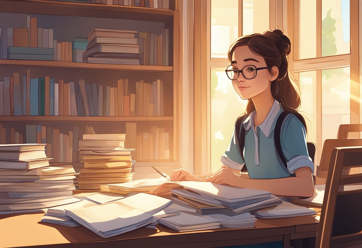 A young girl sits at a desk, surrounded by books and papers. The sun streams through the window, casting a warm glow on her determined expression
