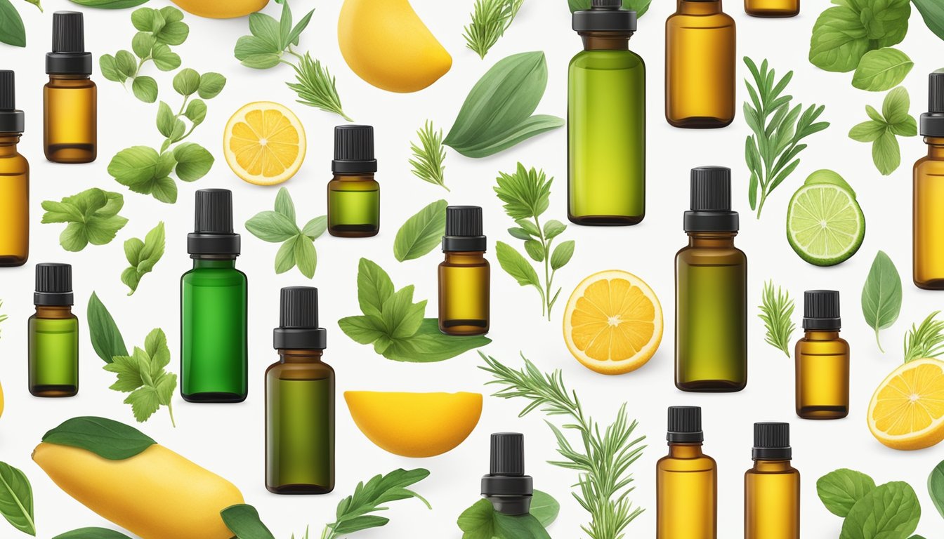 A variety of food grade essential oil bottles arranged on a clean, white surface with fresh herbs and fruits in the background