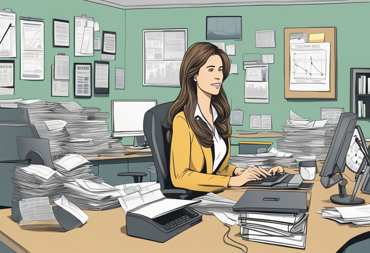 A bustling office with a desk covered in papers, a computer screen displaying graphs, and a phone ringing off the hook. A plaque on the wall reads "Marina Purkiss - CEO."