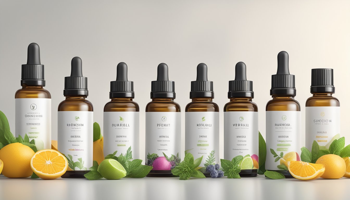 A collection of labeled food grade essential oil bottles arranged on a clean, white surface with natural elements like herbs and fruits in the background
