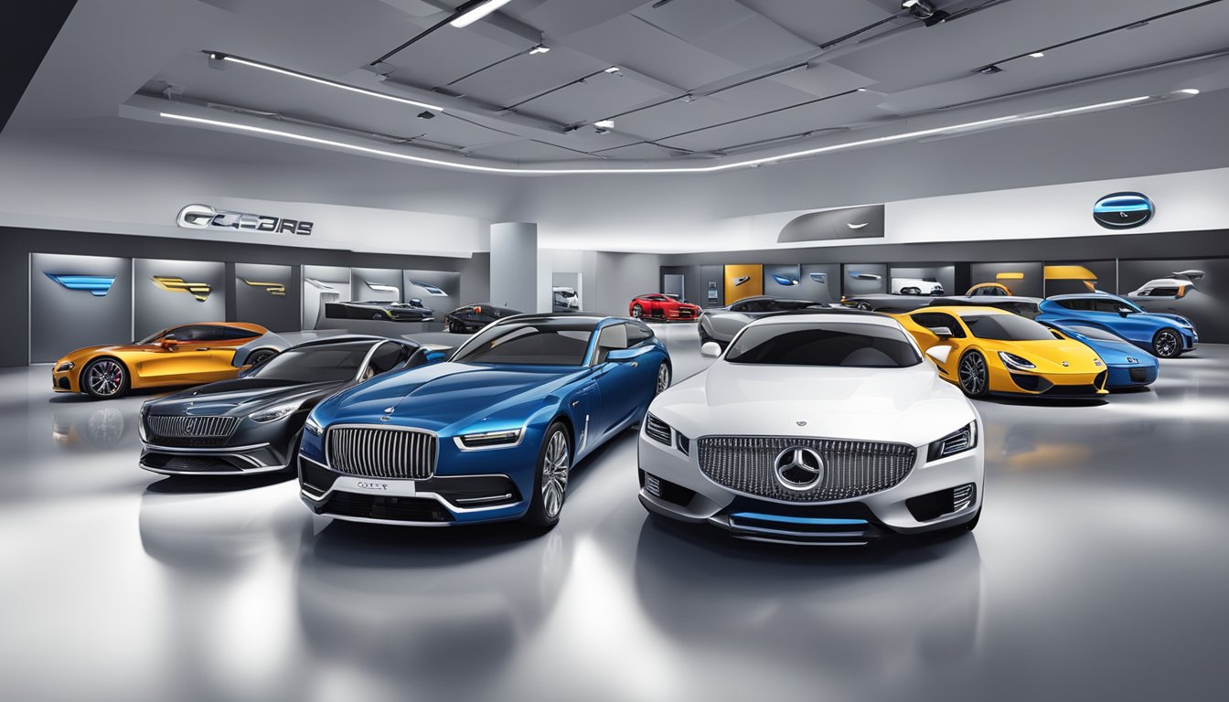 Various car brands with the letter "C" displayed on sleek, modern vehicles in a showroom