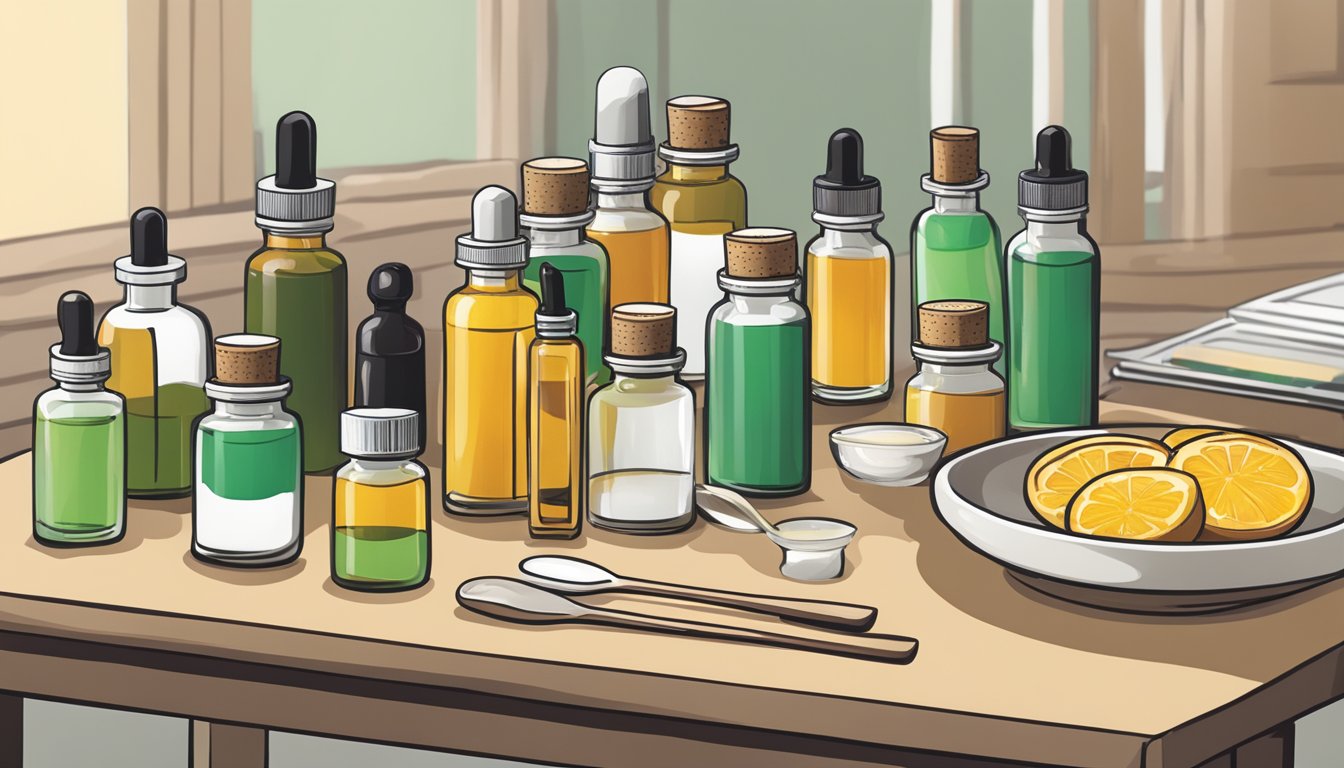 A table with various food grade essential oil bottles, a dropper, and a diffuser. Safety guidelines displayed nearby