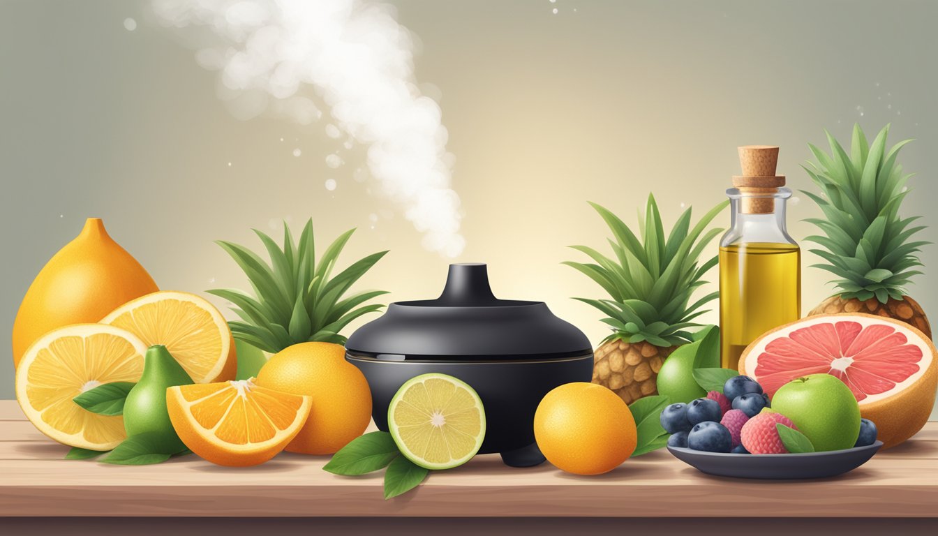 Aromatherapy scene: A diffuser releasing essential oils into the air, surrounded by various food grade essential oil bottles and fresh fruits