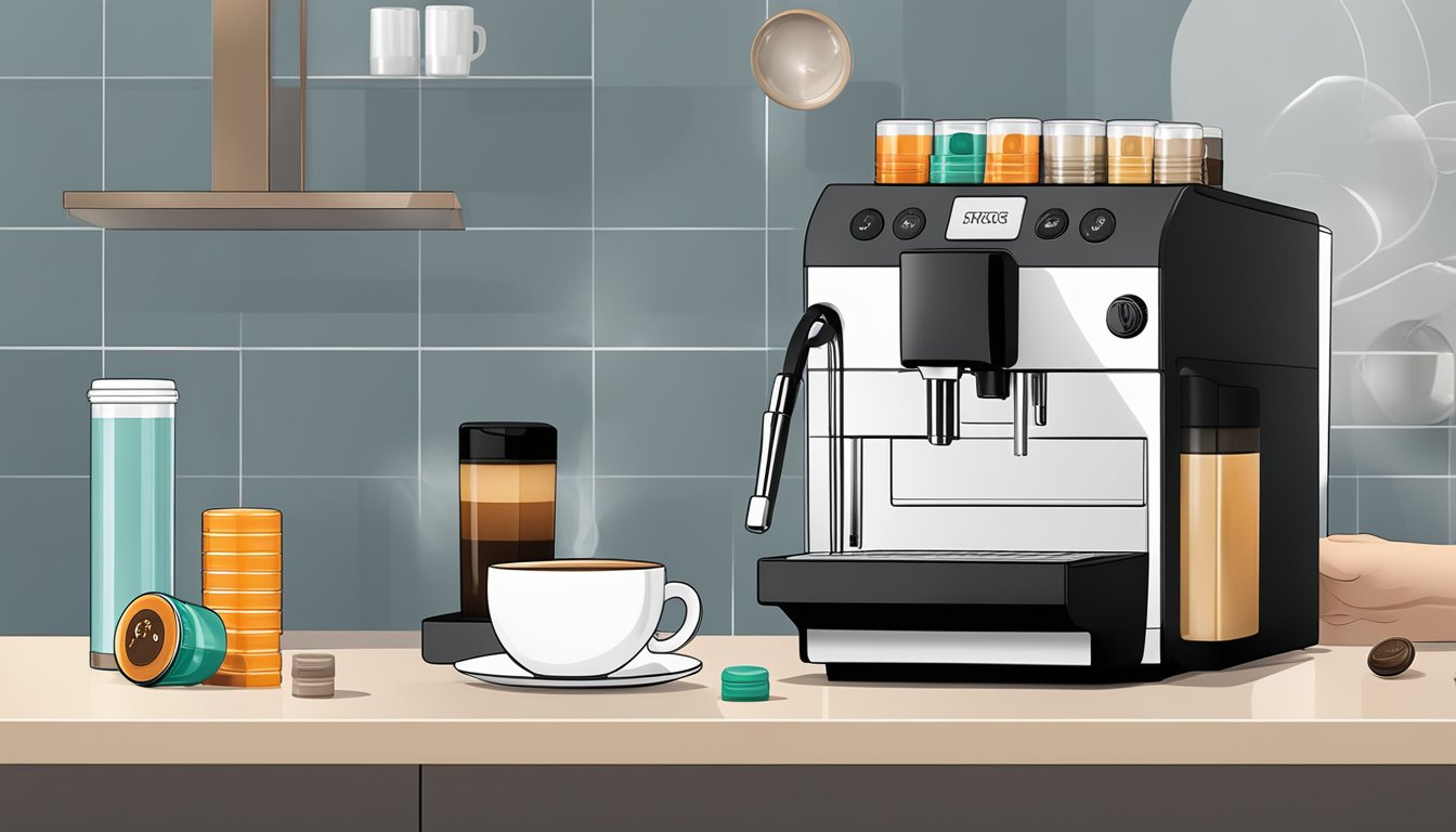 A hand reaches for a sleek capsule coffee machine on a kitchen counter, surrounded by various branded coffee capsules