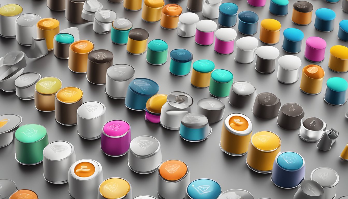 A modern kitchen counter with various capsule coffee machines from different brands lined up neatly, with colorful coffee capsules displayed next to them
