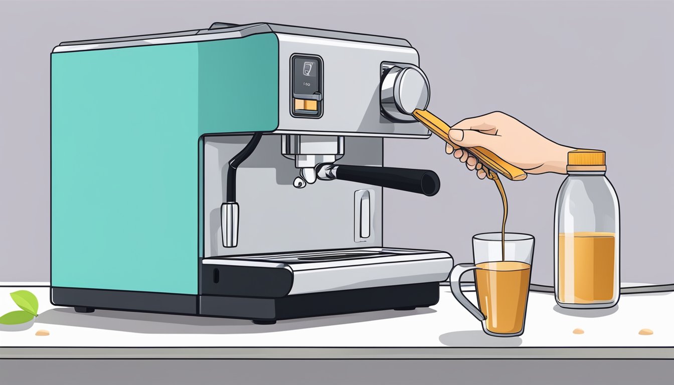 A hand reaches for a capsule coffee machine. A cleaning brush and descaling solution sit nearby. The machine is placed on a clean, flat surface with ample space for maintenance