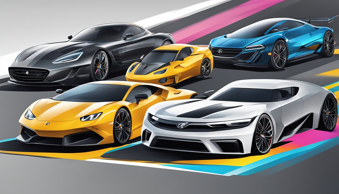 A lineup of sleek, high-performance cars from 'C' brands speeds around a racetrack, with vibrant colors and dynamic angles