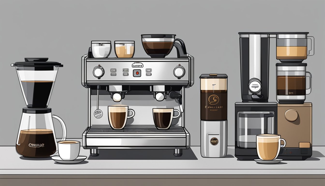 Several capsule coffee machines sit on a countertop, with steam rising from freshly brewed cups. The machines are surrounded by various coffee accessories and branded merchandise