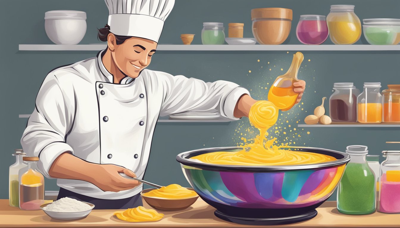 A chef adds drops of food grade essential oils to a mixing bowl of batter, creating a swirl of vibrant colors and aromatic scents