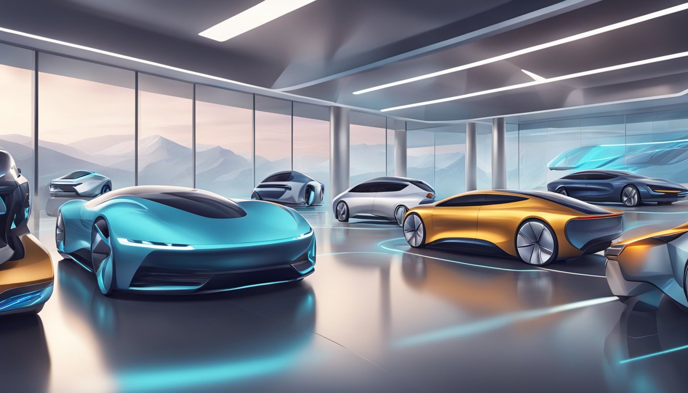 A futuristic car showroom with sleek electric vehicles and cutting-edge car technologies on display