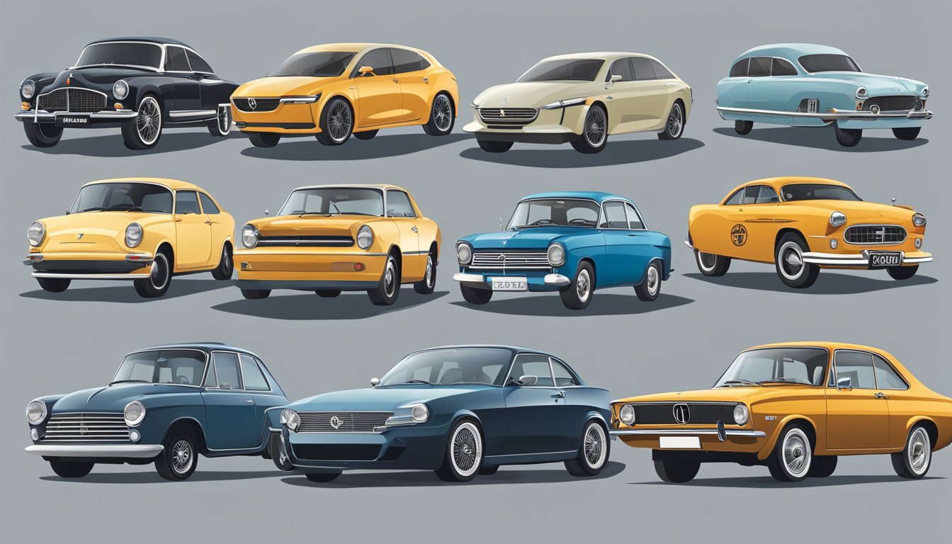 Various car brands line up chronologically, from classic models to modern ones, showcasing the evolution of automotive history