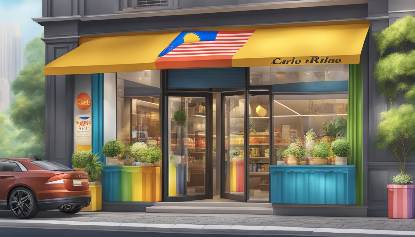 A colorful and vibrant storefront displaying the "Carlo Rino" brand, with a flag of Malaysia hanging proudly above the entrance