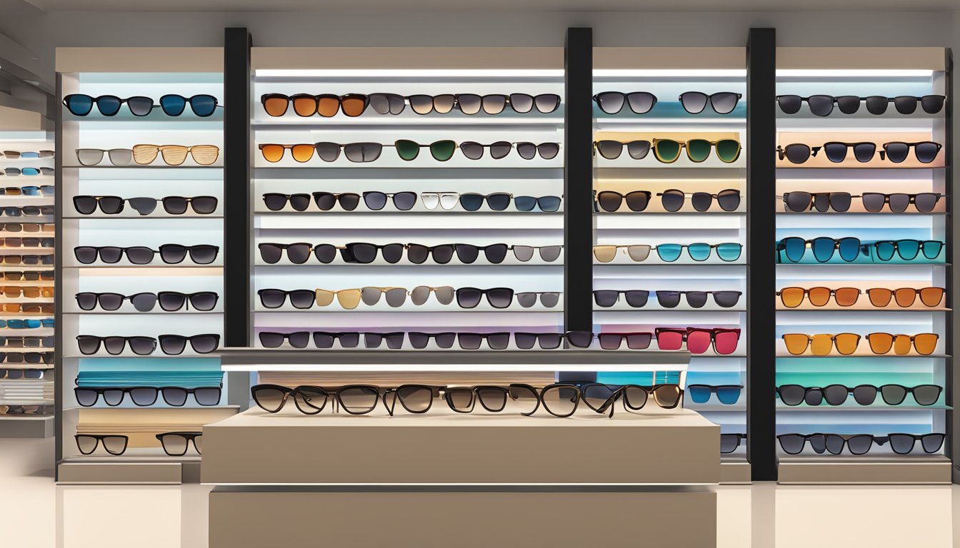 A display of French sunglasses brands on a sleek, modern store shelf