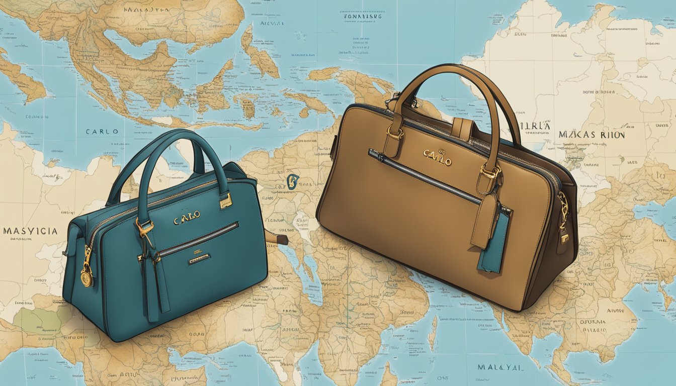 A stylish, modern handbag adorned with the Carlo Rino logo, positioned next to a map of Malaysia, representing the brand's origin and market positioning