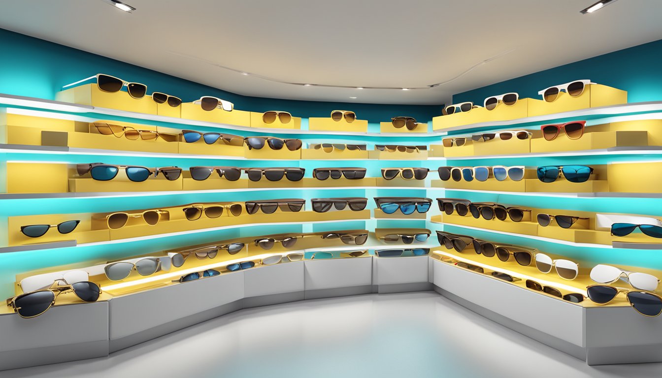 A stylish display of iconic French sunglasses brands arranged on a sleek, modern showcase
