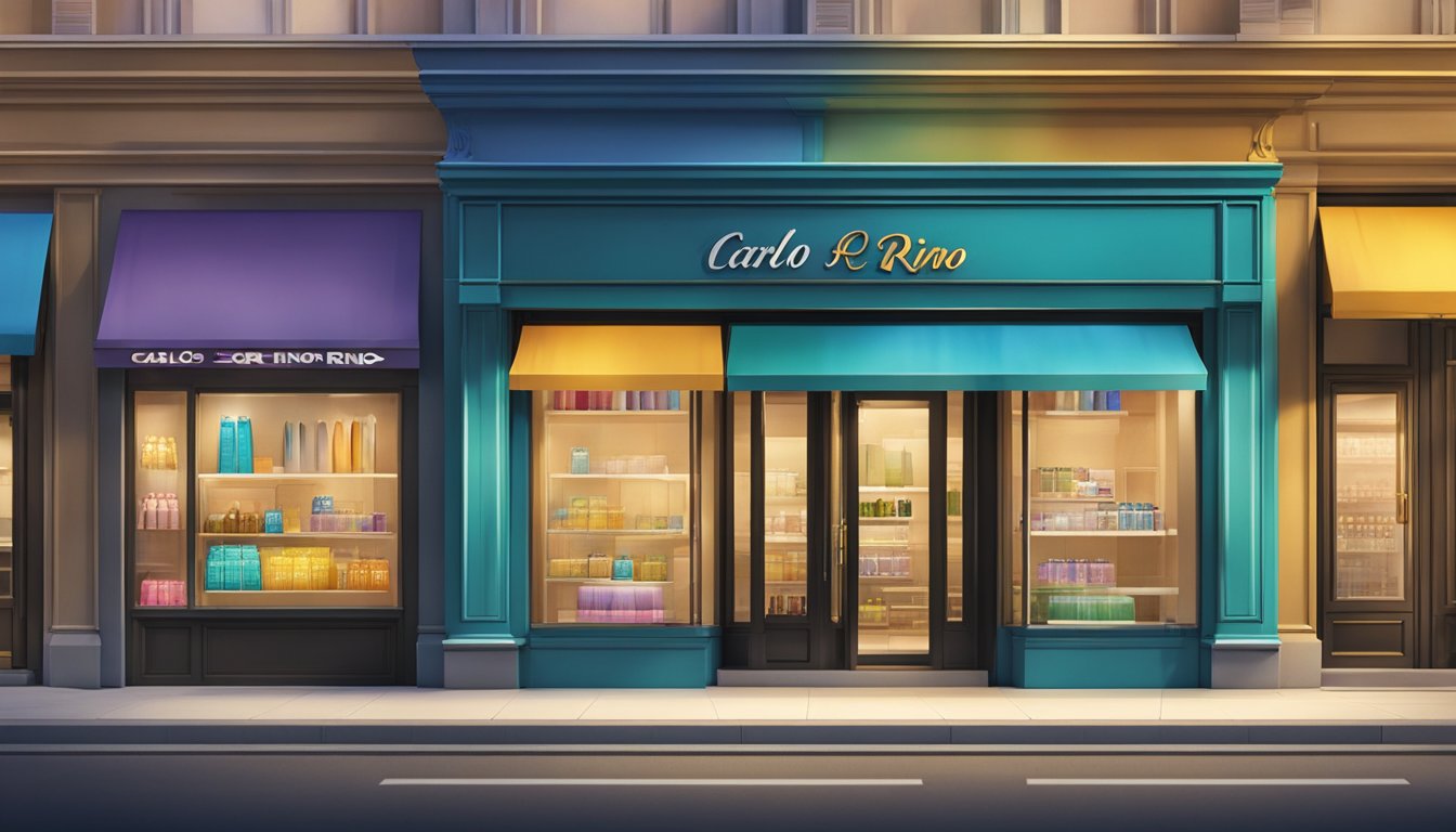 A colorful storefront with the Carlo Rino brand logo prominently displayed. Bright, modern signage and sleek product displays convey a sense of style and sophistication
