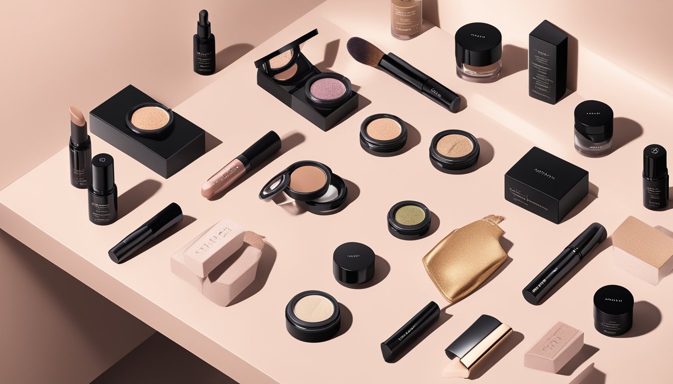 Various makeup products from formaldehyde-free brands displayed on a clean, modern vanity. Bright lighting highlights the sleek packaging and natural ingredients