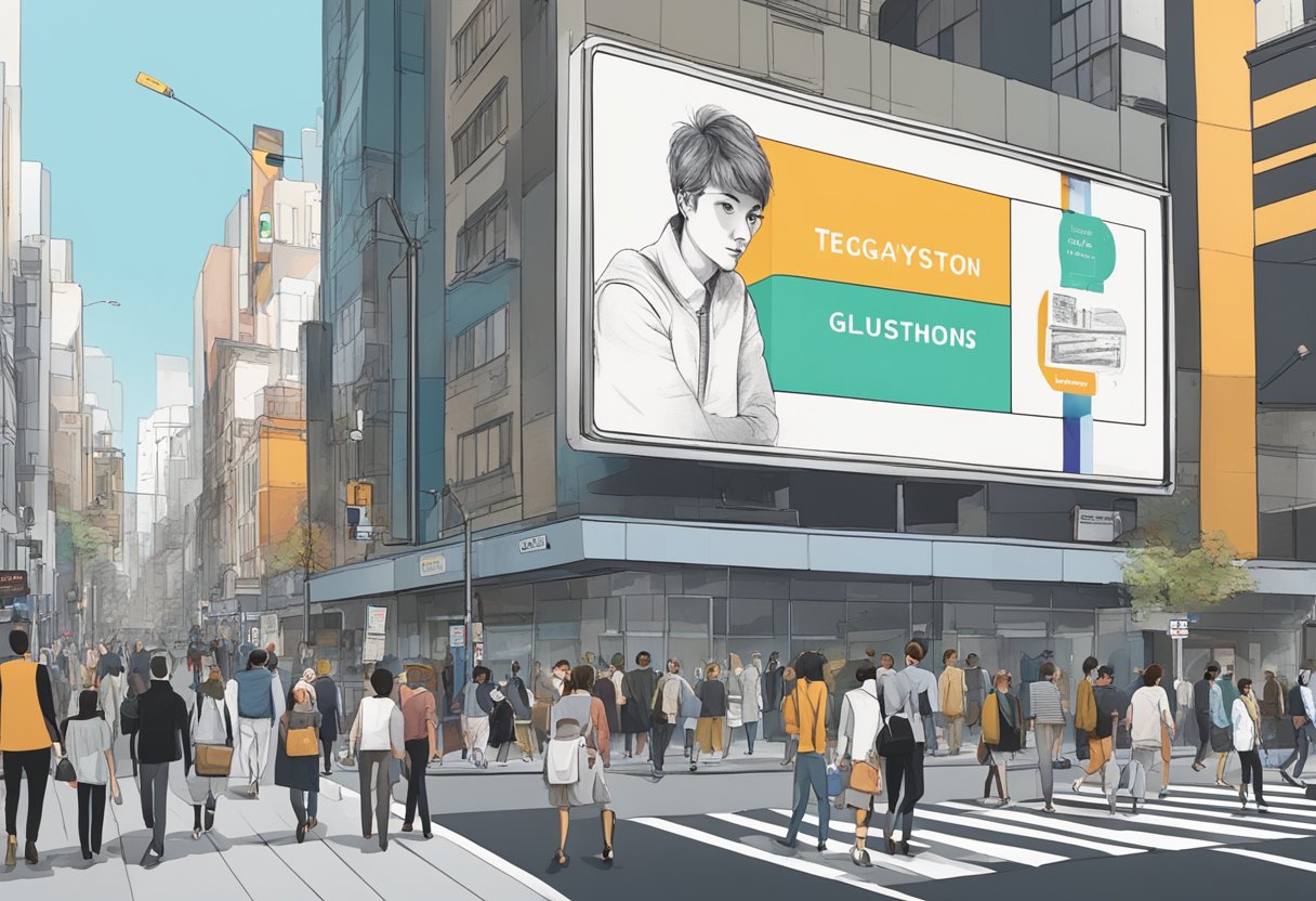 A bustling city street with a large billboard displaying Tegan Kynaston's name and various personal details. Pedestrians walk past, glancing up at the billboard with curiosity