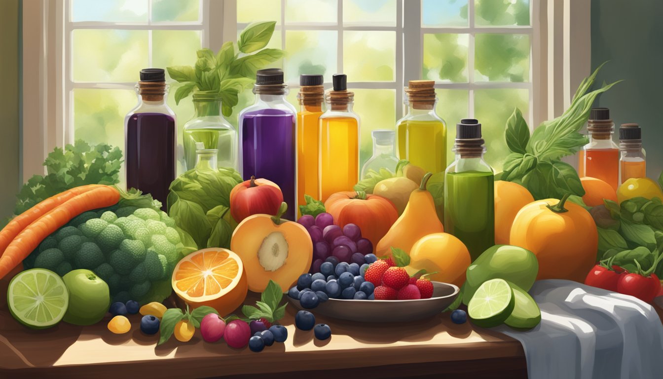 A table filled with vibrant, fresh fruits and vegetables, alongside bottles of essential oils and herbs, all surrounded by a halo of natural light