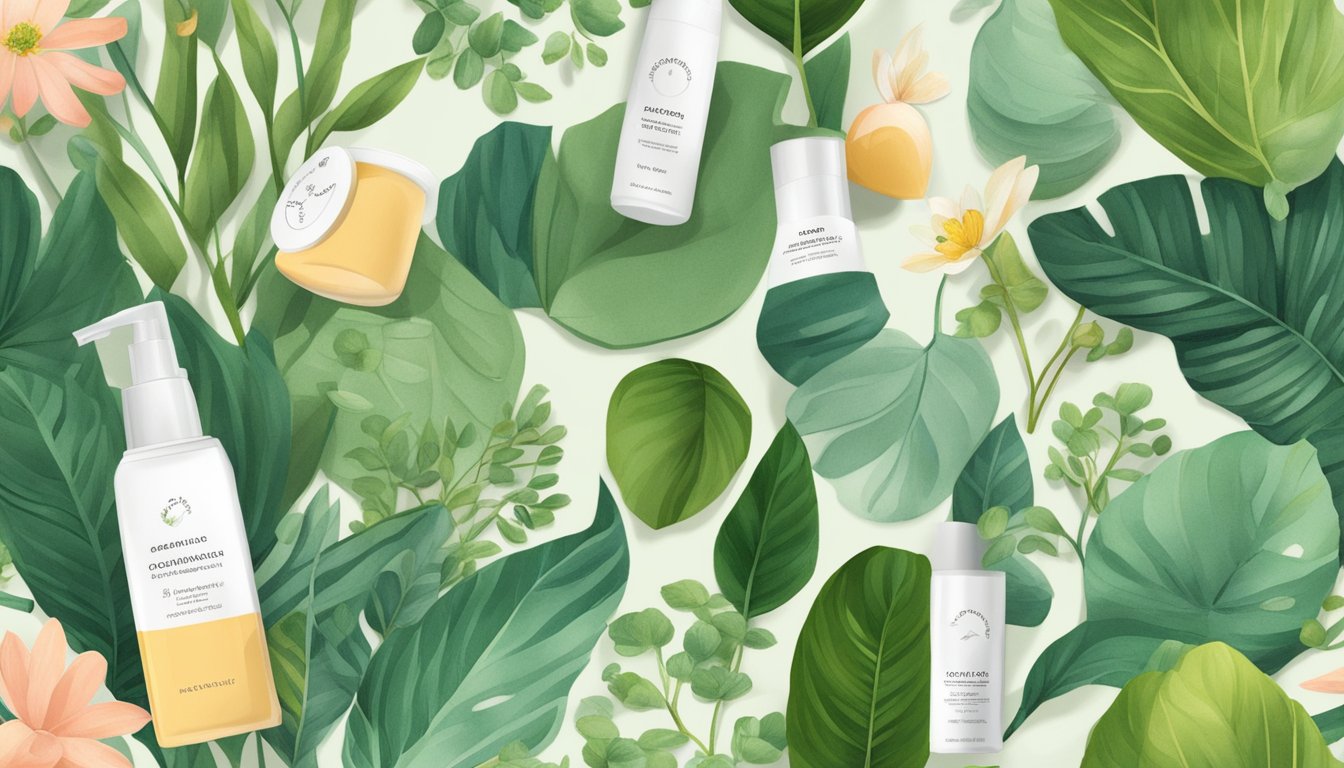 A lush garden with eco-friendly packaging and natural ingredients, symbolizing sustainability and ethical practices in formaldehyde-free makeup brands